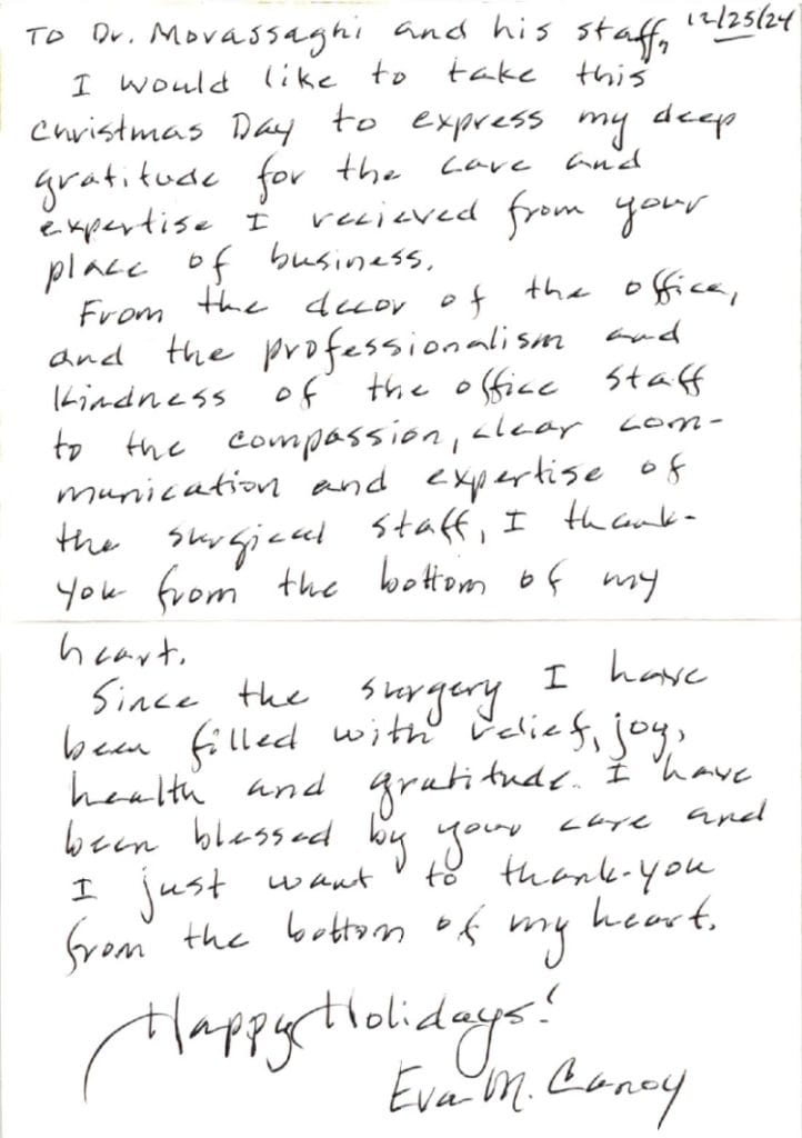 Handwritten patient testimonial for Dr. Movassaghi and team